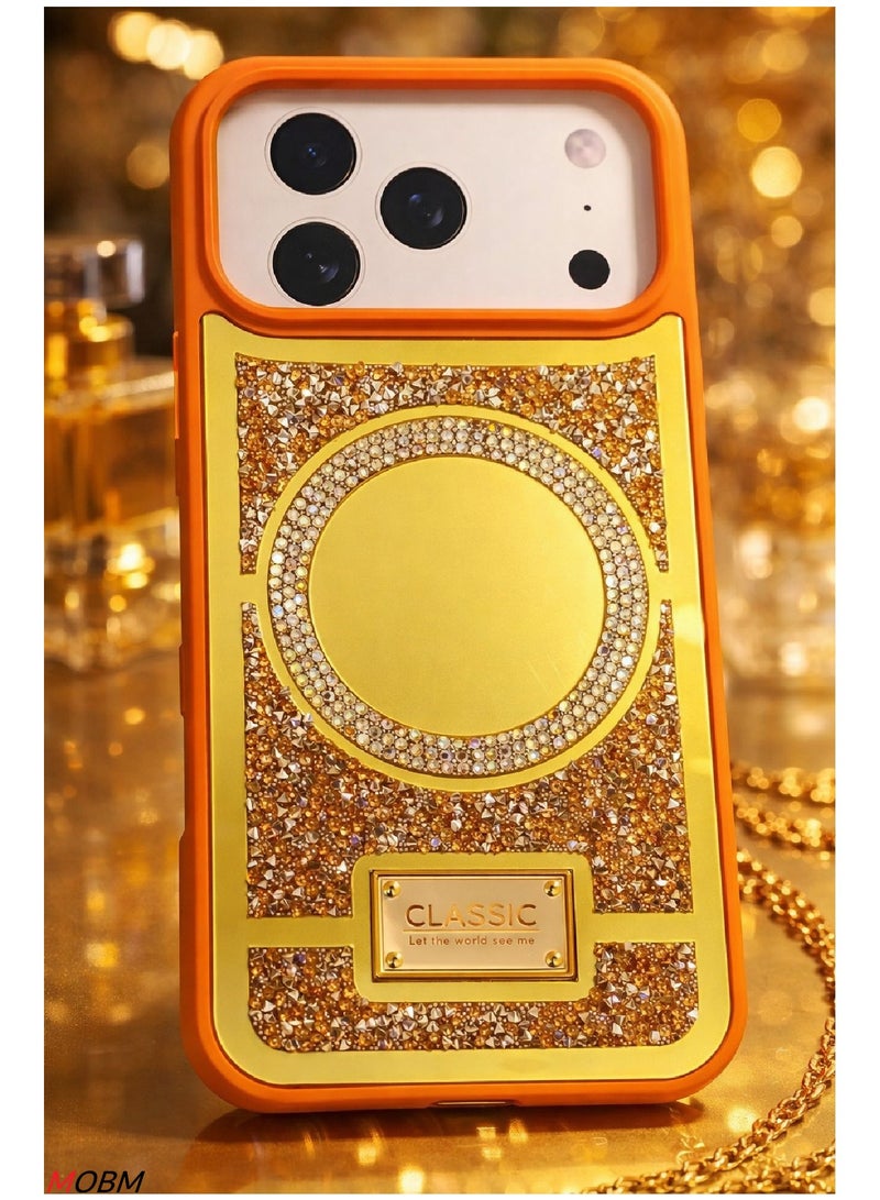 MOBM Case for iPhone 17 Pro Case with Mirror Cute Luxury Sparkle Glitter Diamond Crystal Rhinestone Protective Cover Orange (iPhone "17 Pro") - Image 4